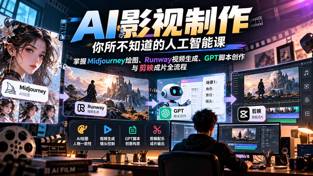 【无水印】AI影视制作-你所不知道的人工智能课，掌握Midjourney绘图、Runway视频生成、GPT脚本创作与剪映成片全流程-网创之家