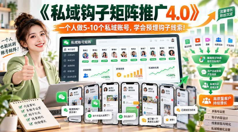 【无水印】《私域钩子矩阵推广4.0》一个人做5-10个私域账号，学会预埋钩子线索！-网创之家