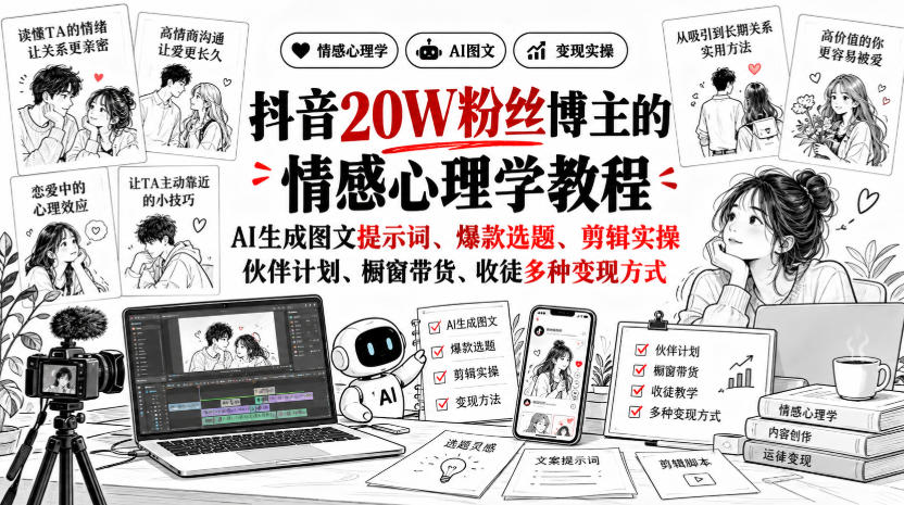 抖音20W粉丝博主静候心声的情感心理学教程，AI生成图文提示词、爆款选题、剪辑实操，伙伴计划、橱窗带货、收徒多种变现方式-网创之家