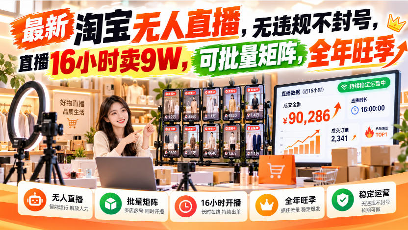 最新淘宝无人直播，无违规不封号，直播16小时卖9W，可批量矩阵，全年旺季【揭秘】-网创之家