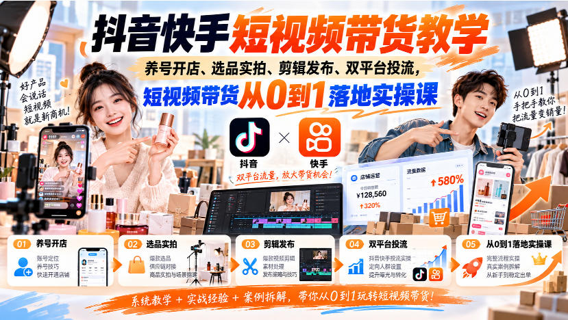抖音快手短视频带货教学｜养号开店、选品实拍、剪辑发布、双平台投流，短视频带货从0到1落地实操课-网创之家