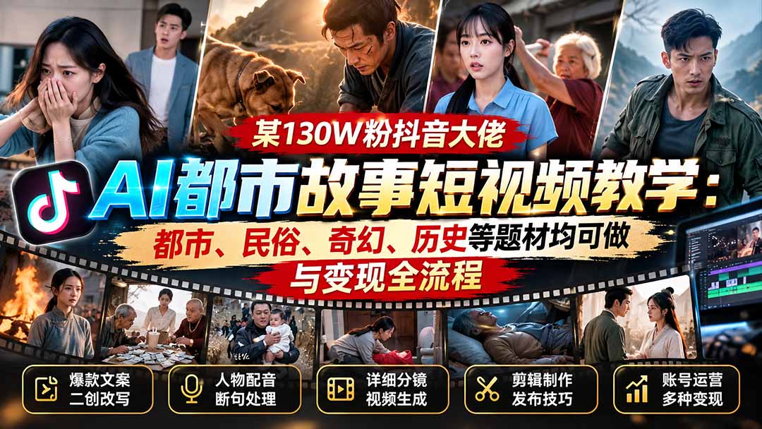 某130W粉抖音大佬AI都市故事短视频教学：都市、民俗、奇幻、历史等题材均可做与变现全流程-网创之家