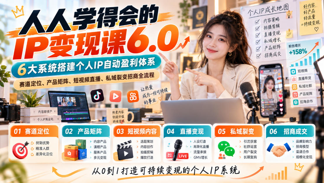 人人学得会的IP变现课6.0，6大系统搭建个人IP自动盈利体系，赛道定位、产品矩阵、短视频直播、私域裂变招商全流程-网创之家
