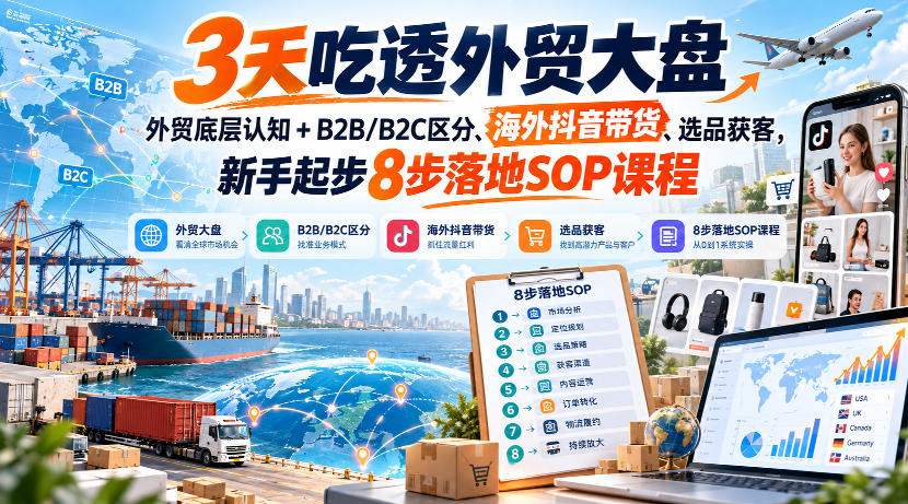 3天吃透外贸大盘，外贸底层认知+B2B/B2C区分、海外抖音带货、选品获客，新手起步8步落地SOP课程-网创之家