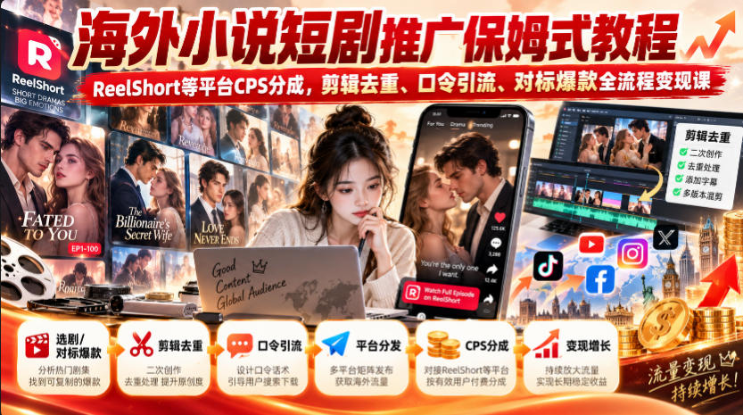 海外小说短剧推广保姆式教程｜ReelShort等平台CPS分成，剪辑去重、口令引流、对标爆款全流程变现课-网创之家