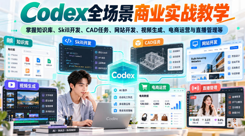 【无水印】Codex全场景商业实战教学，掌握知识库、Skill开发、CAD任务、网站开发、视频生成、电商运营与直播管理等-网创之家