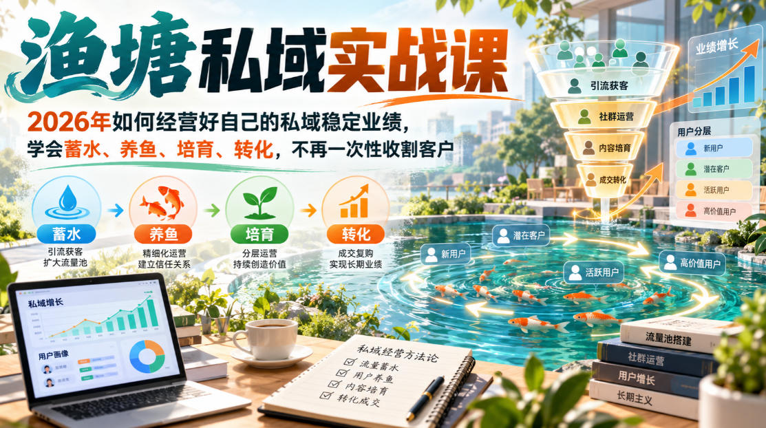 渔塘私域实战课，2026年如何经营好自己的私域稳定业绩，学会蓄水、养鱼、培育、转化，不再一次性收割客户-网创之家