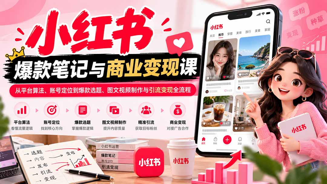 2026小红书爆款笔记与商业变现课：从平台算法、账号定位到爆款选题、图文视频制作与引流变现全流程-网创之家