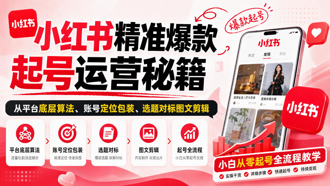 小红书精准爆款起号运营秘籍，从平台底层算法、账号定位包装、选题对标图文剪辑，小白从零起号全流程-网创之家