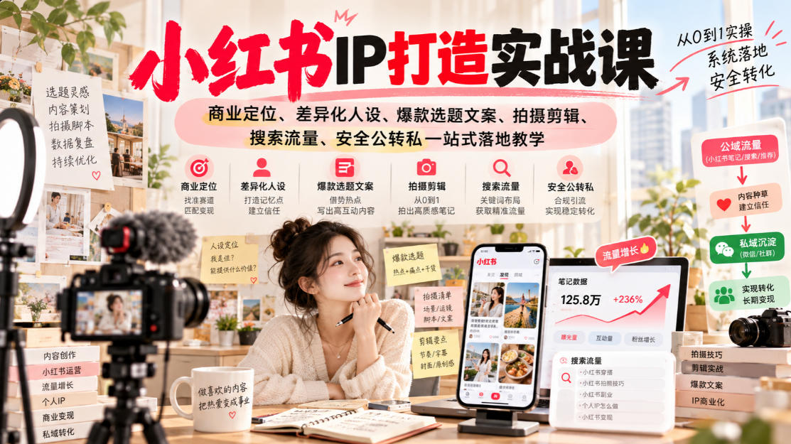 小红书ip打造实战课，商业定位、差异化人设、爆款选题文案、拍摄剪辑、搜索流量、安全公转私一站式落地教学-网创之家