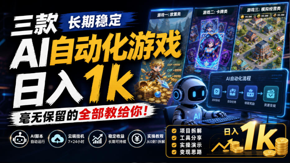 三款长期稳定AI自动化游戏，日入1k，毫无保留的全部教给你！【揭秘】-网创之家