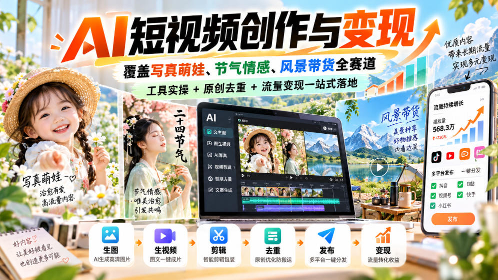 AI短视频创作与变现，覆盖写真萌娃、节气情感、风景带货全赛道，工具实操+原创去重+流量变现一站式落地-网创之家