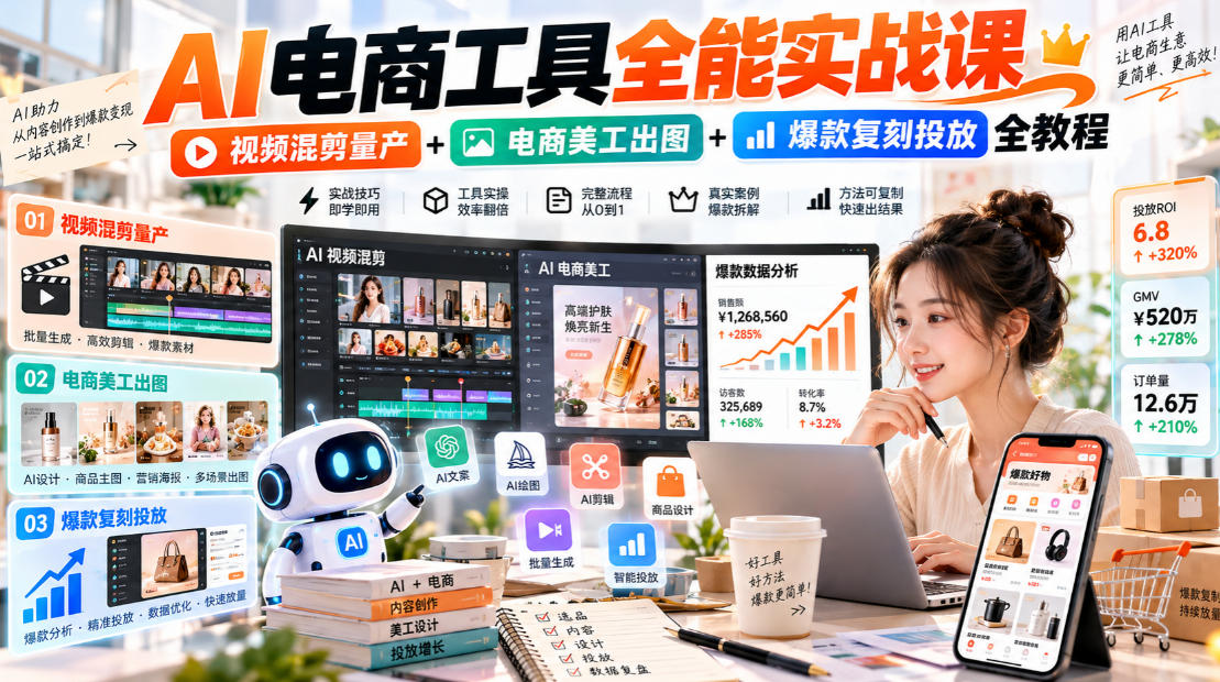 AI电商工具全能实战教学，视频混剪量产+电商美工出图+爆款复刻投放全教程​-网创之家