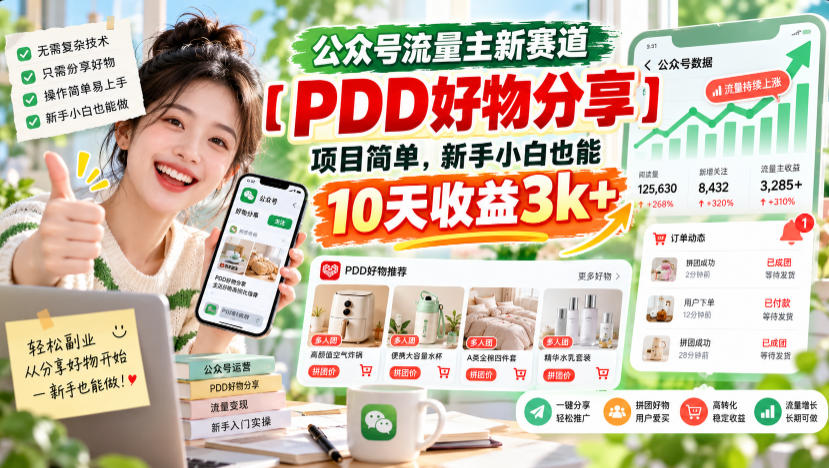 公众号流量主新赛道【PDD好物分享】，项目简单，新手小白也能10天收益3k+-网创之家