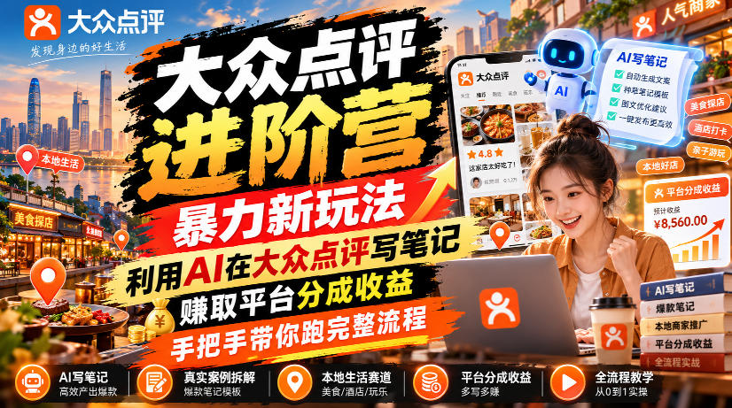 大众点评进阶营，暴力新玩法，利用AI在大众点评写笔记， 賺取平台分成收益，手把手带你跑完整流程-网创之家