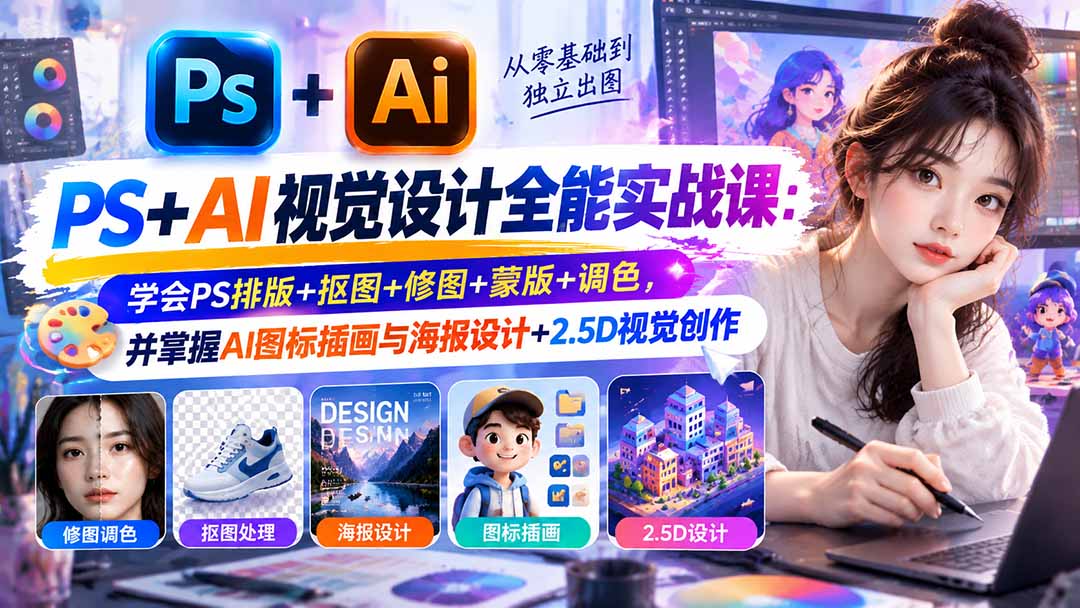 【无水印】PS+AI视觉设计全能实战课：学会PS排版+抠图+修图+蒙版+调色，并掌握AI图标插画与海报设计+2.5D视觉创作-网创之家