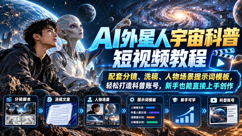 AI外星人宇宙科普短视频教程，配套分镜、洗稿、人物场景提示词模板，轻松打造科普账号，新手也能直接上手创作-网创之家