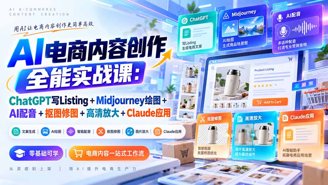 【无水印】AI电商内容创作全能实战课：ChatGPT写Listing+Midjourney绘图+AI配音+抠图修图+高清放大+Claude应用-网创之家