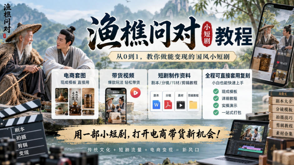渔樵问对小短剧教程，包含电商套图、带货视频，短剧制作资料，全程可直接套用复刻-网创之家