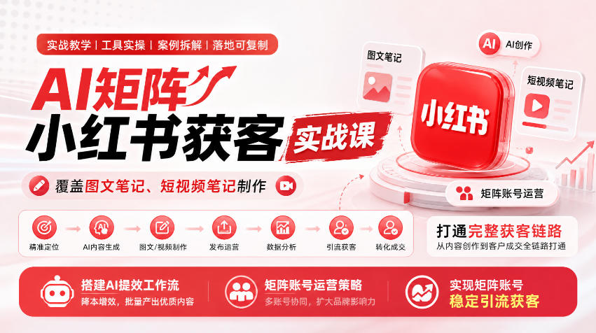 AI矩阵小红书获客实战课,覆盖图文笔记、短视频笔记制作,打通完整获客链路,搭建AI提效工作流,实现矩阵账号稳定引流获客-网创之家