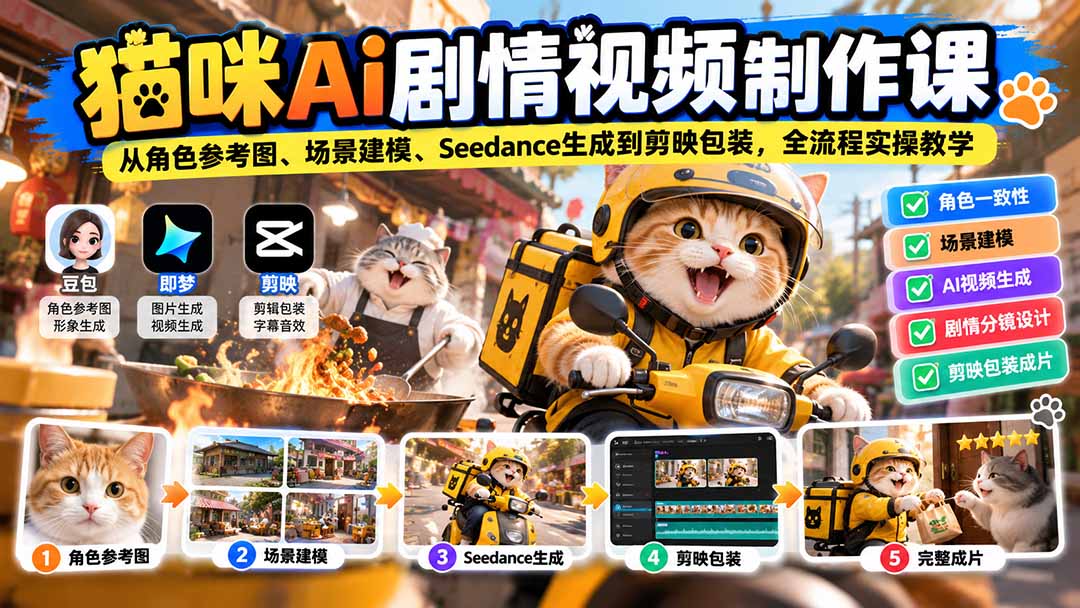 猫咪AI剧情视频制作课：从角色参考图、场景建模、Seedance生成到剪映包装，全流程实操教学-网创之家