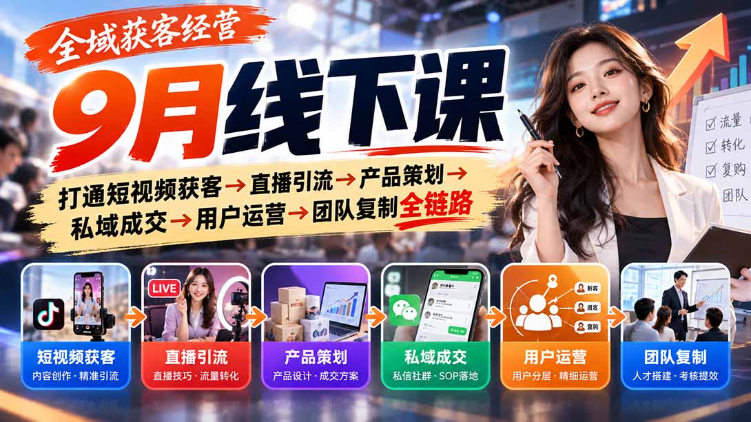 全域获客经营9月线下课：打通短视频获客→直播引流→产品策划→私域成交→用户运营→团队复制全链路-网创之家