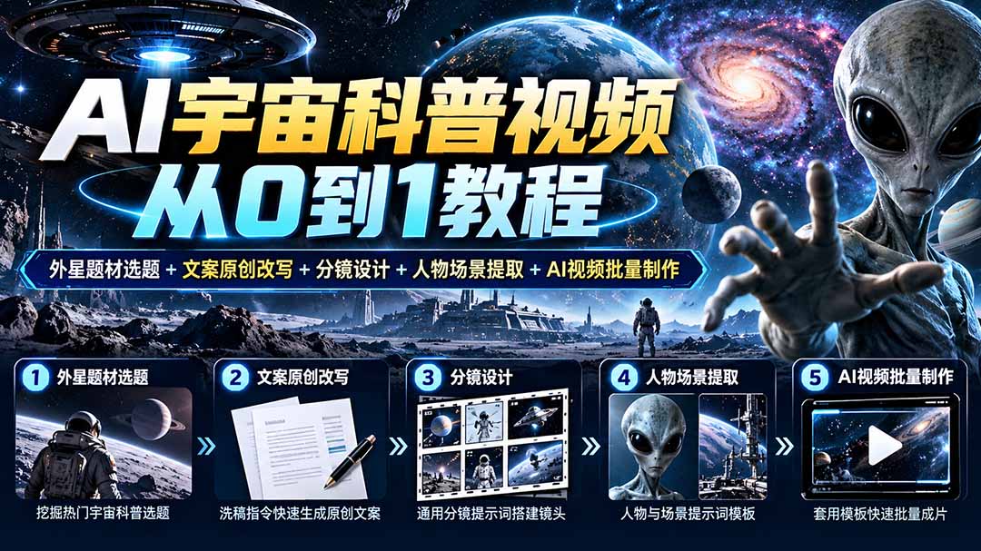 AI宇宙科普视频从0到1教程｜外星题材选题+文案原创改写+分镜设计+人物场景提取+AI视频批量制作-网创之家