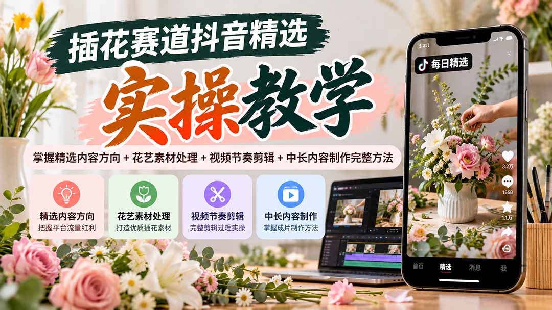 插花赛道抖音精选实操教学：掌握精选内容方向+花艺素材处理+视频节奏剪辑+中长内容制作完整方法-网创之家