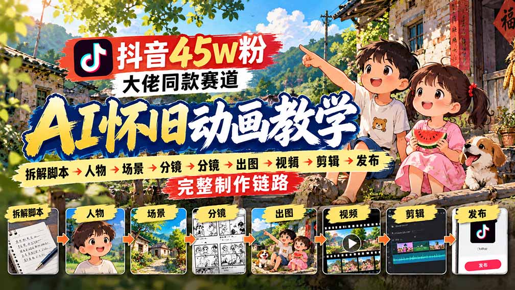 抖音45W粉大佬同款赛道AI怀旧动画教学：拆解脚本→人物→场景→分镜→出图→视频→剪辑→发布完整制作链路-网创之家