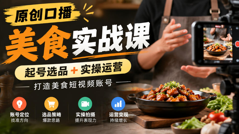 原创口播美食实战课，起号选品+实操运营，打造美食短视频账号-网创之家