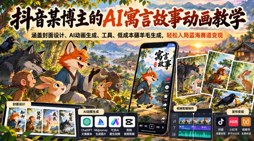 抖音某博主的AI寓言故事动画教学，涵盖封面设计、AI动画生成、工具、低成本薅羊毛生成，轻松入局蓝海赛道变现-网创之家