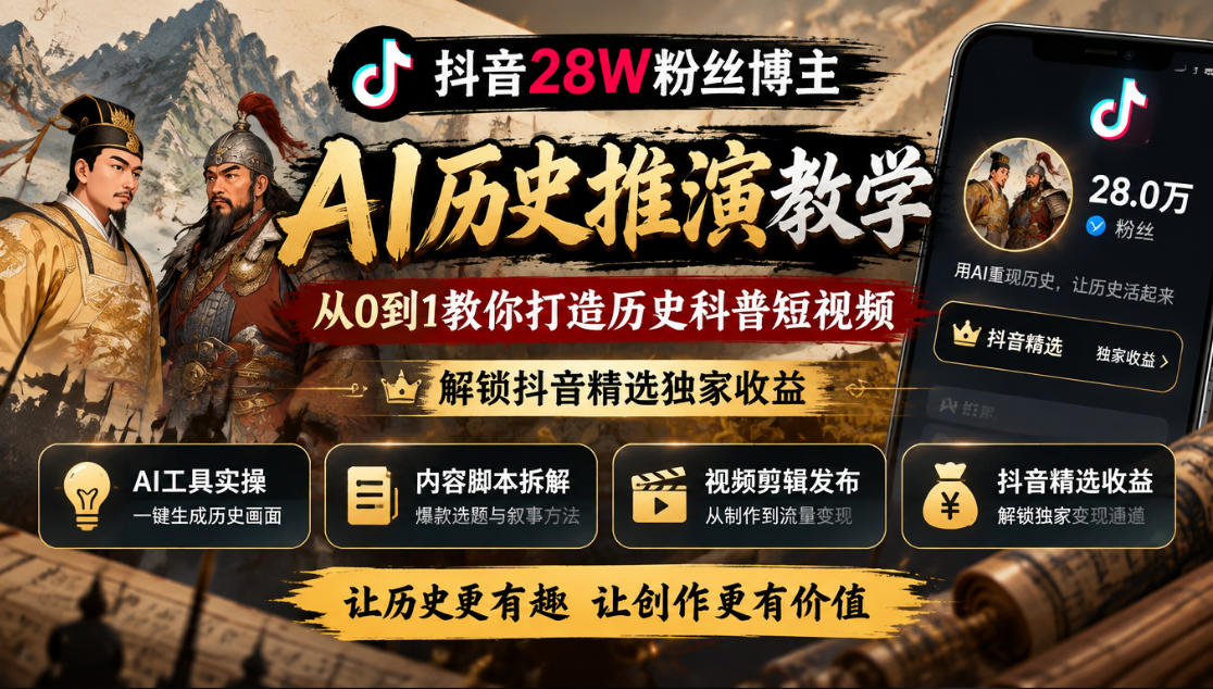 抖音28W粉丝博主的AI历史推演教学，从0到1教你打造历史科普短视频，解锁抖音精选独家收益-网创之家