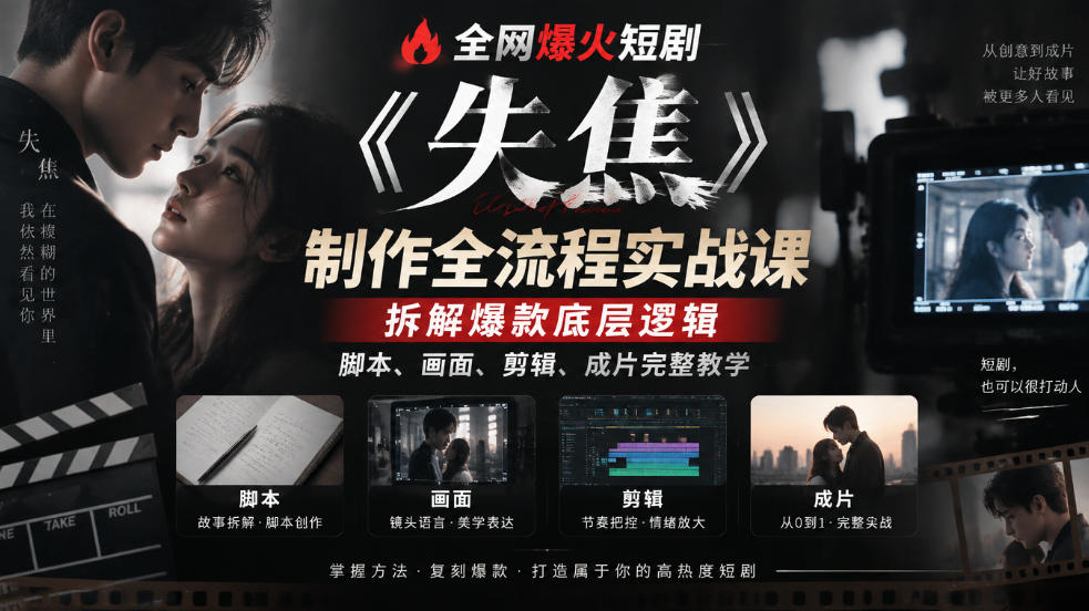 全网爆火短剧《失焦》制作全流程实战课｜拆解爆款底层逻辑，脚本、画面、剪辑、成片完整教学-网创之家