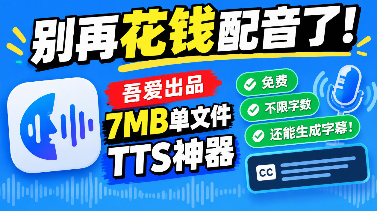 别再花钱配音了！吾爱出品7MB单文件TTS神器，免费不限字数还能生成字幕！-网创之家
