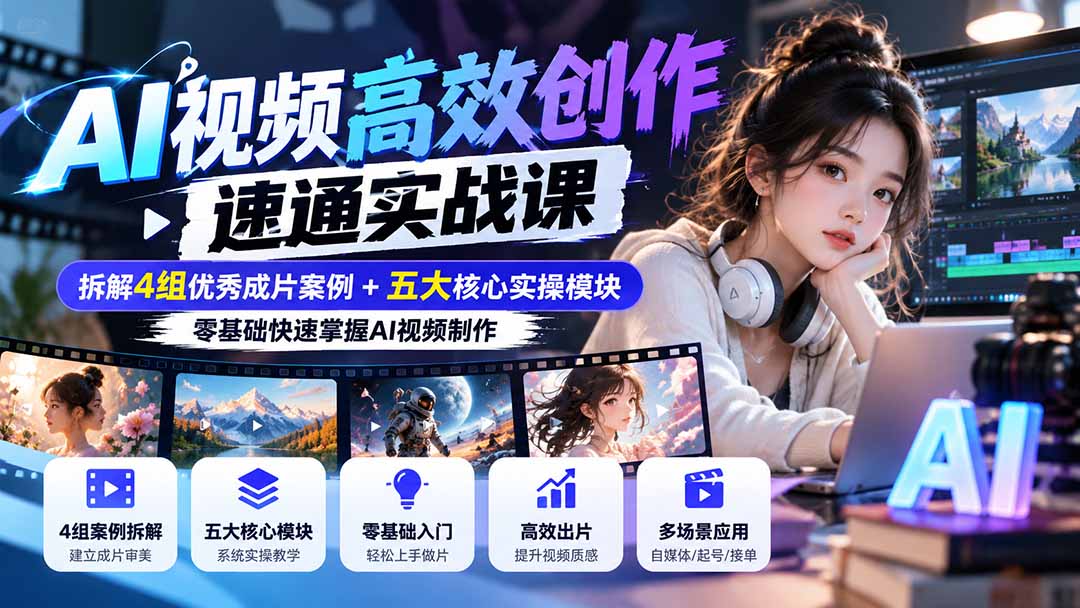 【无水印】AI视频高效创作速通实战课：拆解4组优秀成片案例+五大核心实操模块，零基础快速掌握AI视频制作-网创之家
