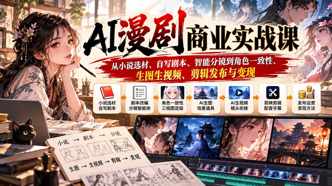 AI漫剧商业实战课：从小说选材、自写剧本、智能分镜到角色一致性、生图生视频、剪辑发布与变现-网创之家