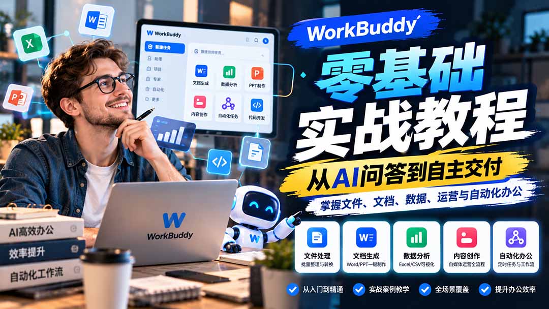 WorkBuddy零基础实战教程：从AI问答到自主交付，掌握文件、文档、数据、运营与自动化办公-网创之家