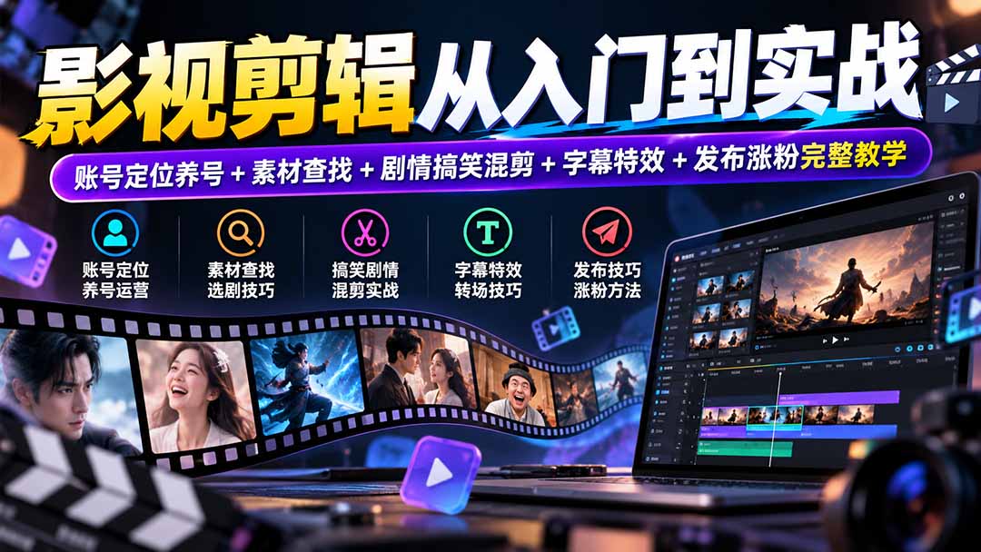 影视剪辑从入门到实战：账号定位养号+素材查找+剧情搞笑混剪+字幕特效+发布涨粉完整教学-网创之家