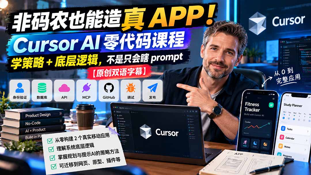 非码农也能造真 APP！Cursor AI 零代码课程：学策略 + 底层逻辑，不是只会瞎 prompt【原创双语字幕】-网创之家
