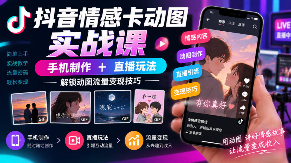 抖音情感卡动图实战课｜手机制作+直播玩法，解锁动图流量变现技巧-网创之家