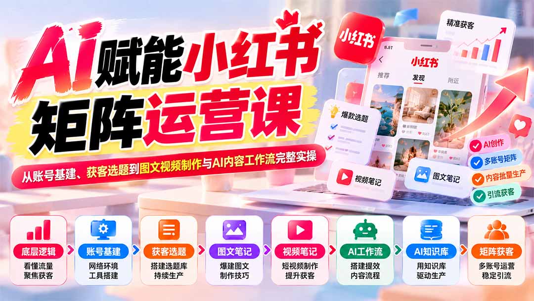 AI赋能小红书矩阵运营课：从账号基建、获客选题到图文视频制作与AI内容工作流完整实操-网创之家