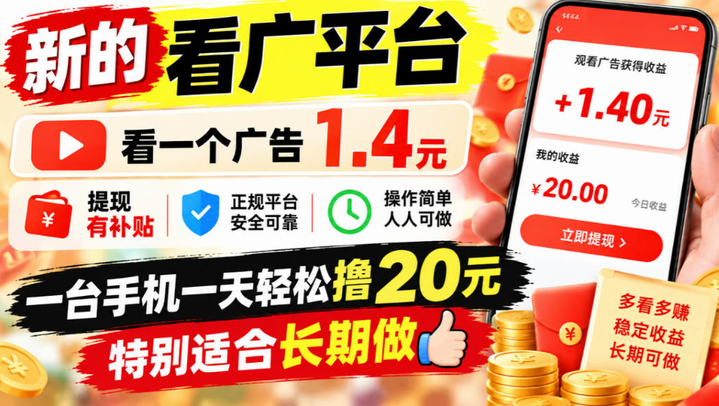 一个新的看广平台，看一个广告1.4元，提现有补贴,一台手机一天轻松撸20+，特别适合长期做【揭秘】-网创之家