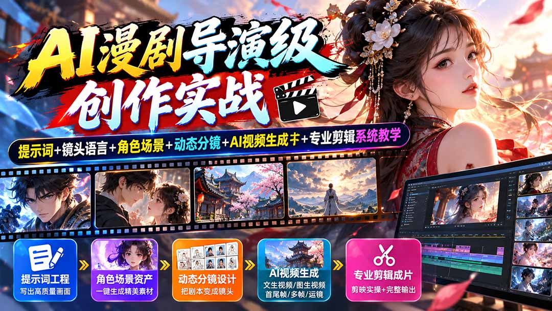 AI漫剧导演级创作实战：提示词+镜头语言+角色场景+动态分镜+AI视频生成+专业剪辑系统教学-网创之家