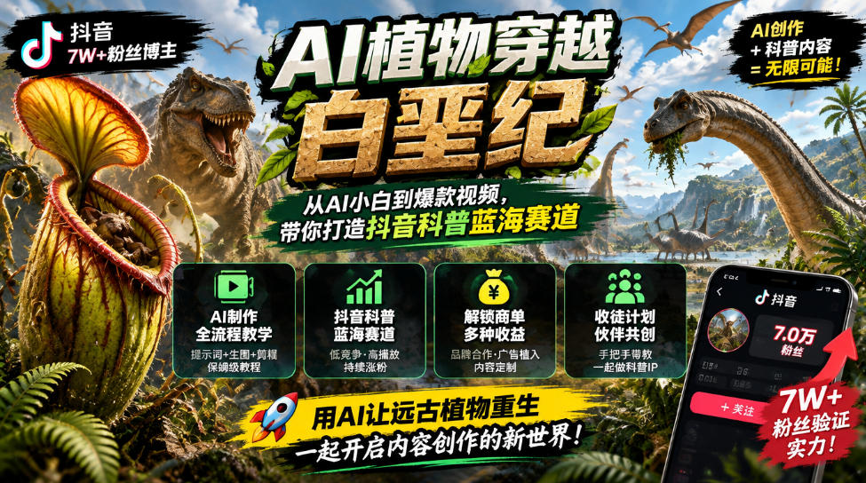 抖音7W粉丝博主的AI植物穿越白垩纪教学，抖音科普蓝海赛道，解锁商单收徒伙伴计划等多种收益-网创之家