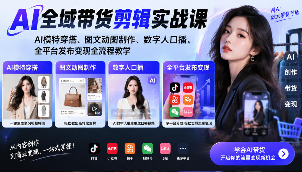 AI全域带货剪辑实战课｜AI模特穿搭、图文动图制作、数字人口播、全平台发布变现全流程教学-网创之家