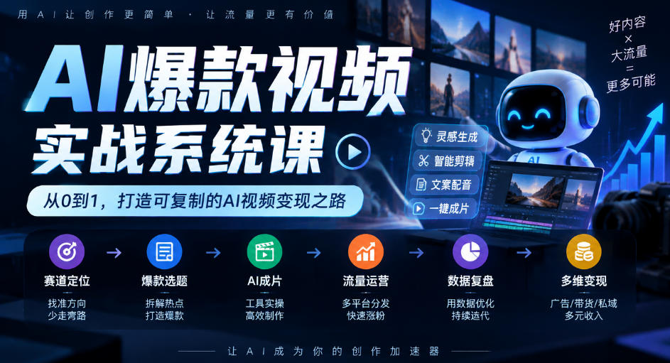 AI爆款视频实战系统课｜赛道定位、爆款选题、AI成片、流量运营、数据复盘、多维变现全链路教学-网创之家