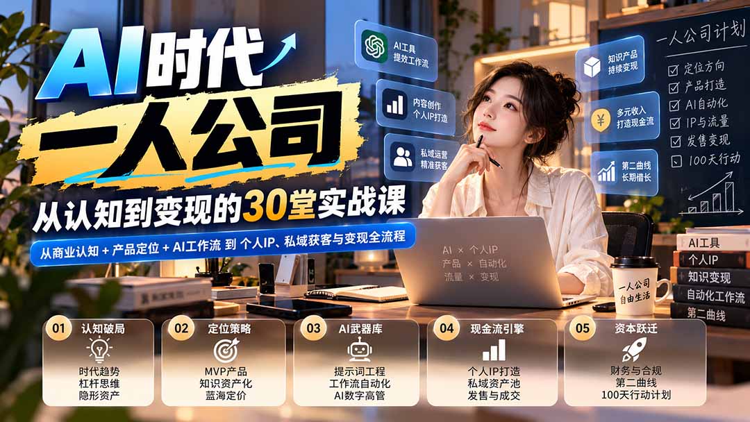 【无水印】AI时代一人公司30堂实战课：从商业认知+产品定位+AI工作流到个人IP、私域获客与变现全流程-网创之家