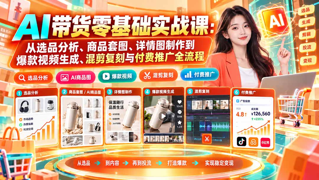 AI带货零基础实战课：从选品分析、商品套图、详情图制作到爆款视频生成、混剪复刻与付费推广全流程-网创之家
