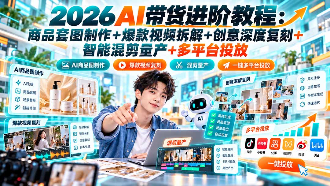 2026AI带货进阶教程：商品套图制作+爆款视频拆解+创意深度复刻+智能混剪量产+多平台投放-网创之家