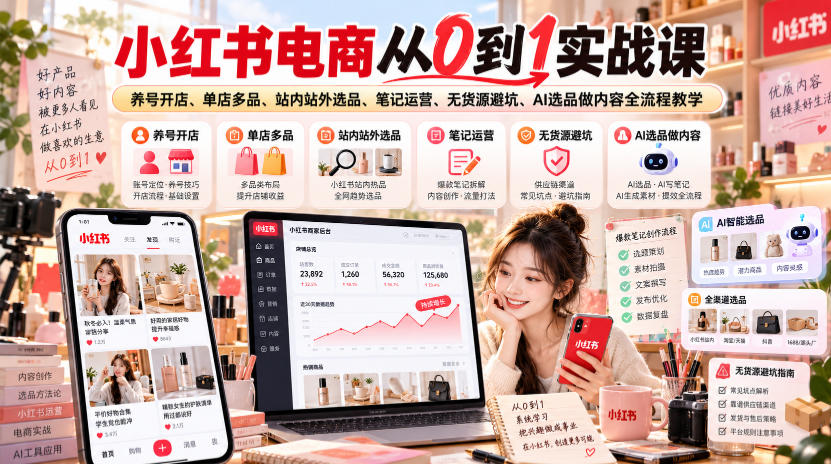 小红书电商从0到1实战课｜养号开店、单店多品、站内站外选品、笔记运营、无货源避坑、AI选品做内容全流程教学-网创之家